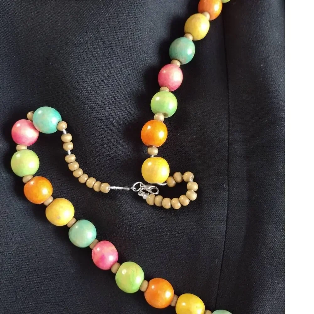 Vintage‎ Gumball Wooden Beaded Necklace Colorful Bright